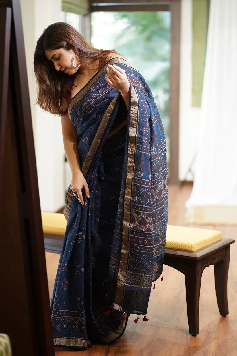 Ajrakh Hand Block Printed Linen Saree