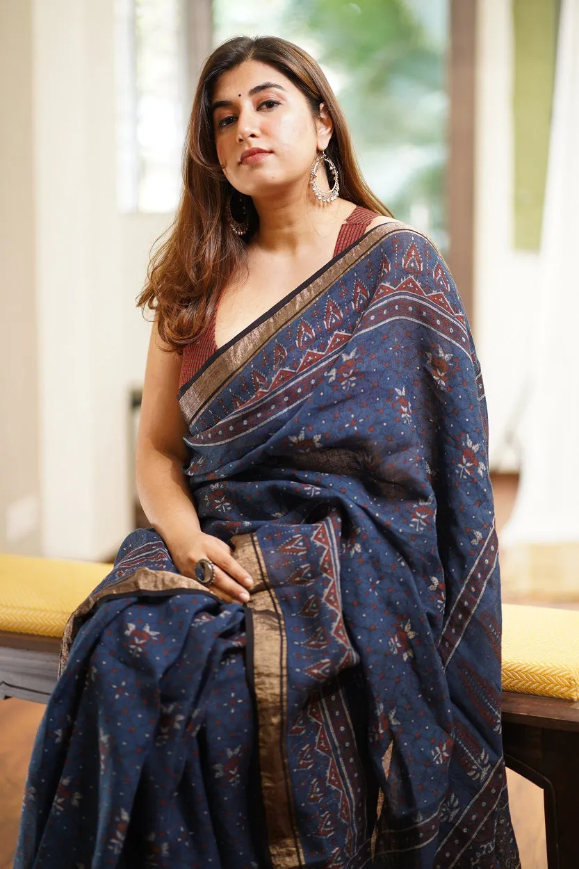 Ajrakh Hand Block Printed Linen Saree