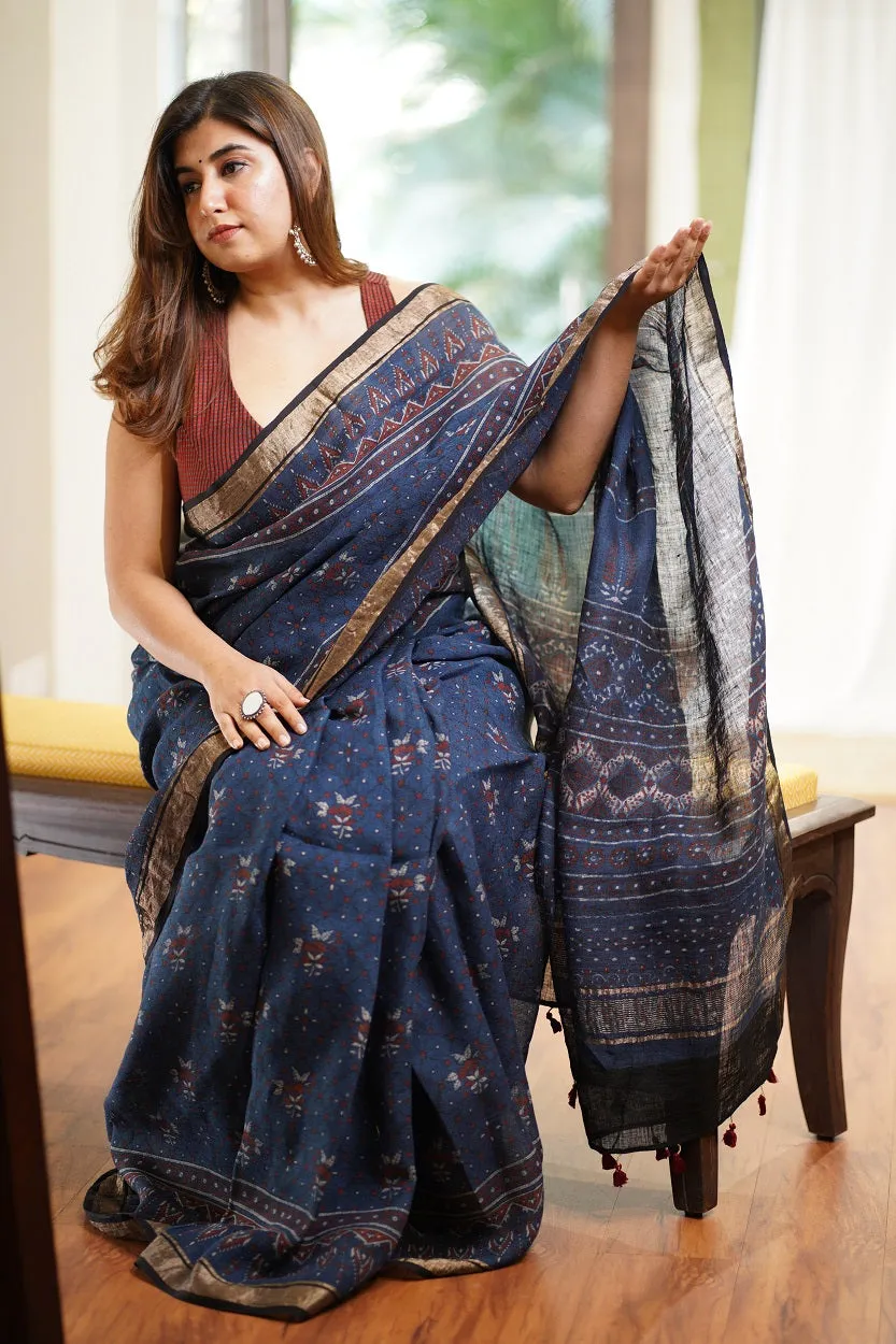 Ajrakh Hand Block Printed Linen Saree