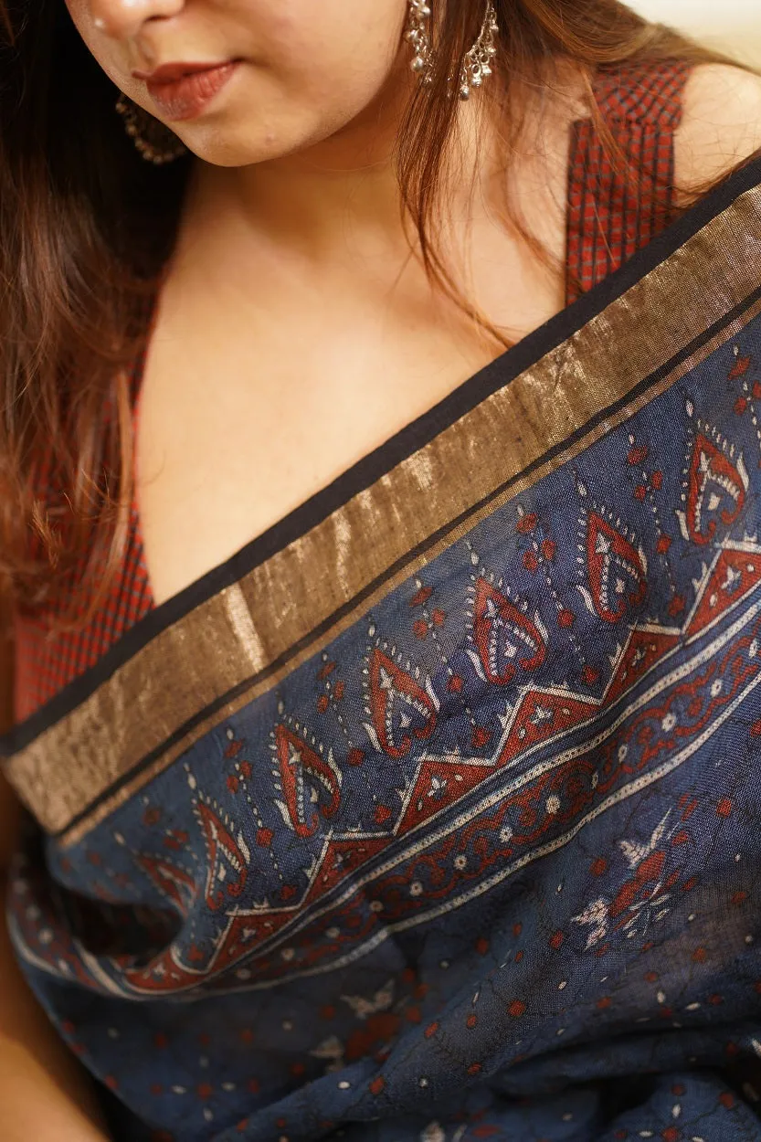 Ajrakh Hand Block Printed Linen Saree