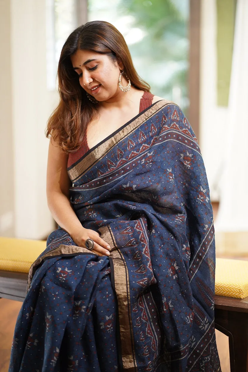 Ajrakh Hand Block Printed Linen Saree