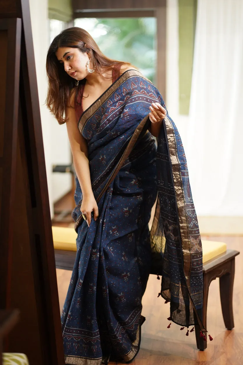 Ajrakh Hand Block Printed Linen Saree