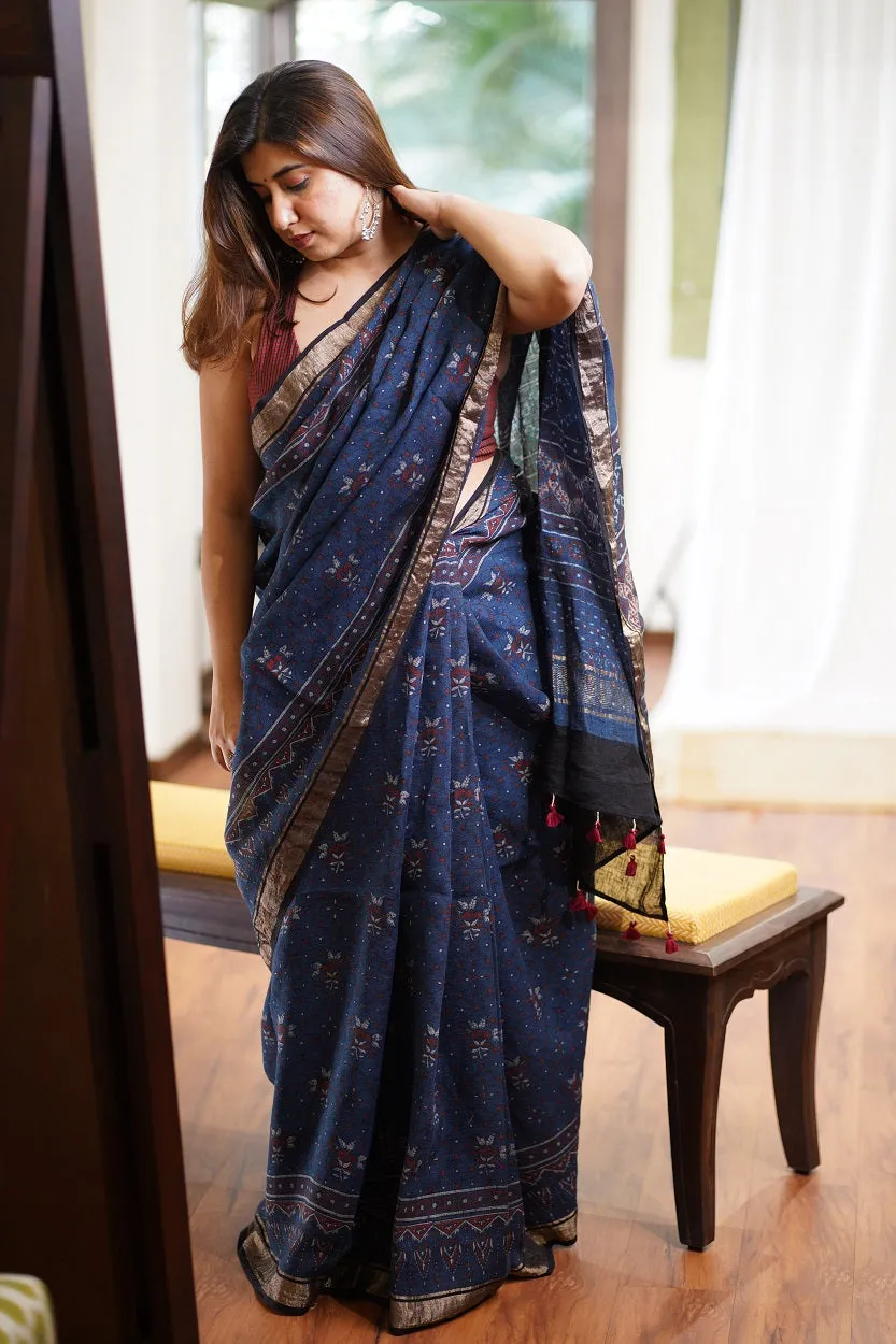 Ajrakh Hand Block Printed Linen Saree