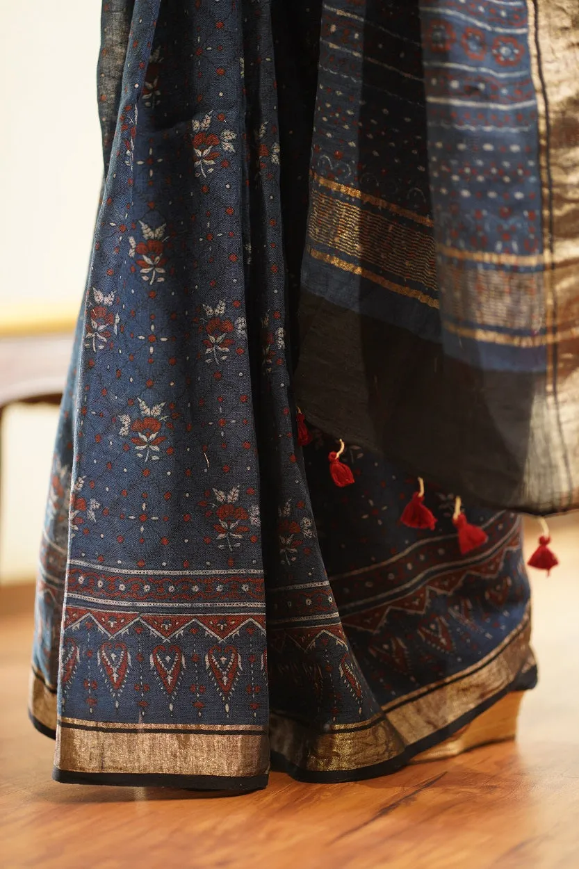 Ajrakh Hand Block Printed Linen Saree