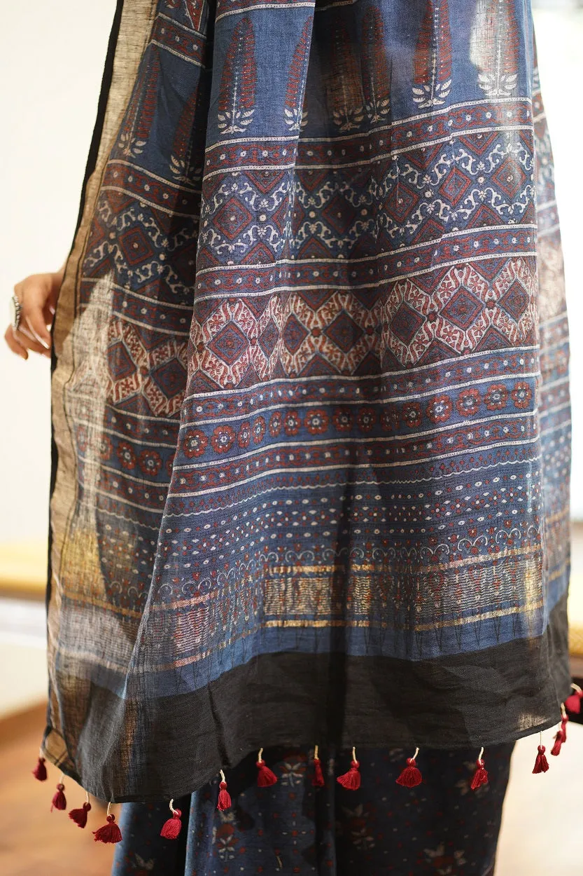 Ajrakh Hand Block Printed Linen Saree