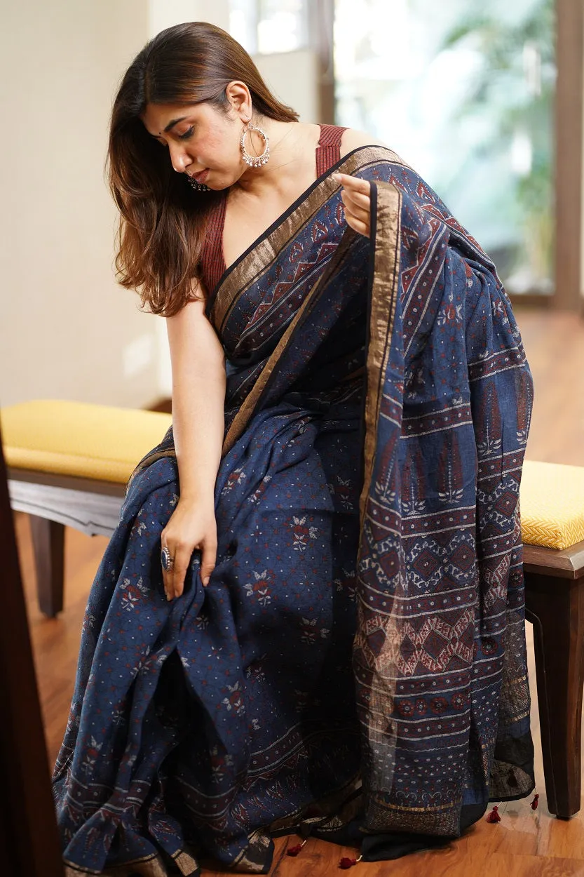 Ajrakh Hand Block Printed Linen Saree