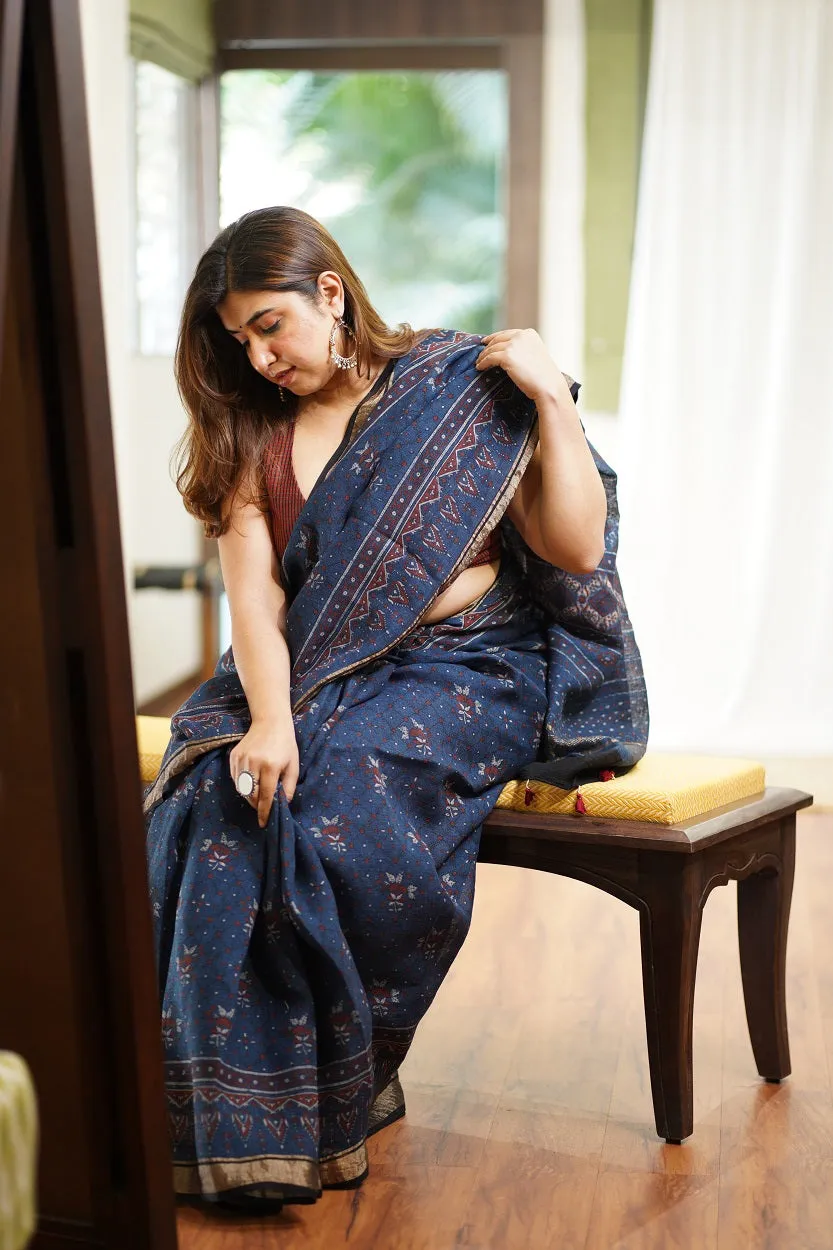 Ajrakh Hand Block Printed Linen Saree