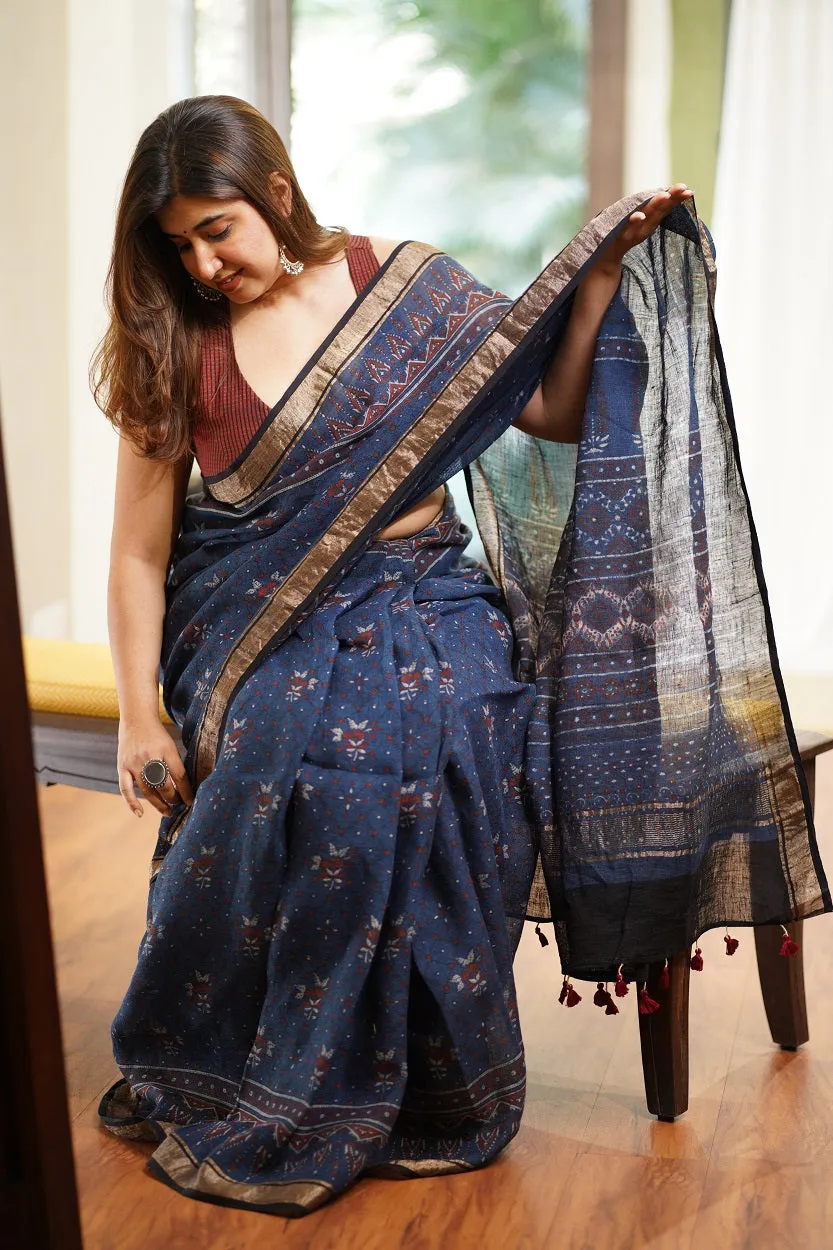 Ajrakh Hand Block Printed Linen Saree