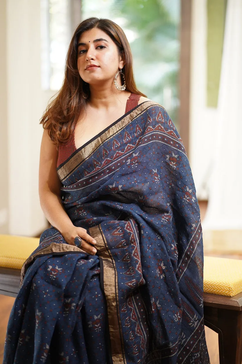 Ajrakh Hand Block Printed Linen Saree