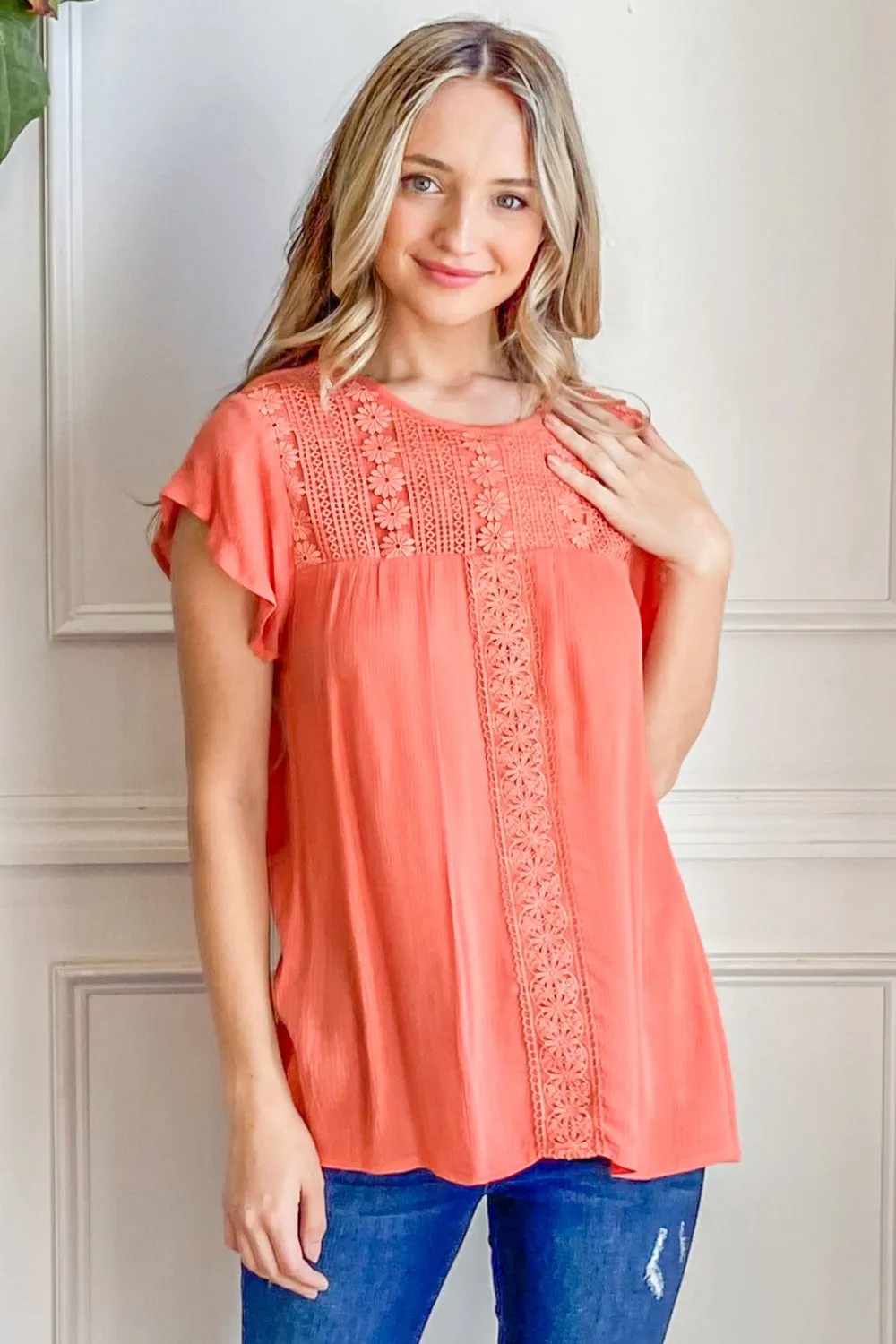 And The Why Lace Detail Ruffle Short Sleeve Blouse Top