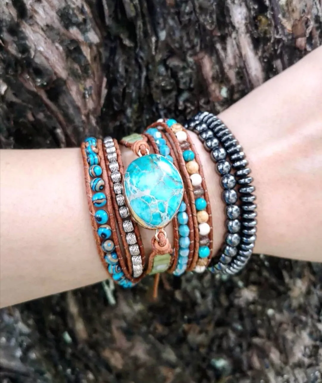 Aqua Turquoise Stone Mix 5X Beaded Wrap Bracelet