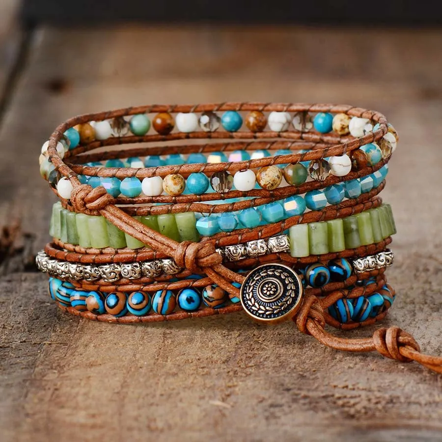 Aqua Turquoise Stone Mix 5X Beaded Wrap Bracelet