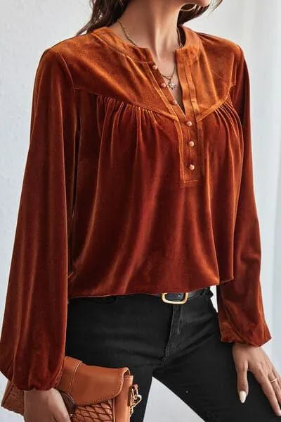 Ashley Ruched Decorative Button Notched Blouse