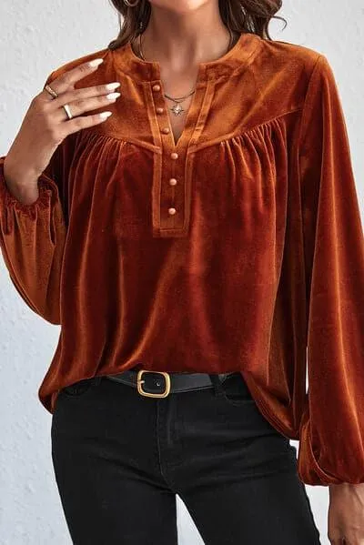 Ashley Ruched Decorative Button Notched Blouse