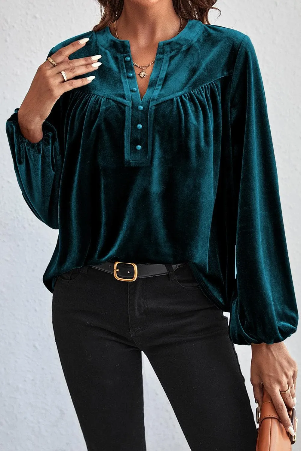 Ashley Ruched Decorative Button Notched Blouse