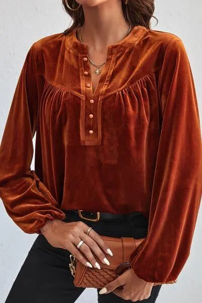 Ashley Ruched Decorative Button Notched Blouse