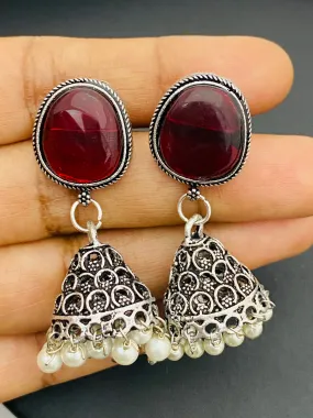 Attractive Maroon Color Silver Oxidized Small Jhumkhas With Pearl Hangings