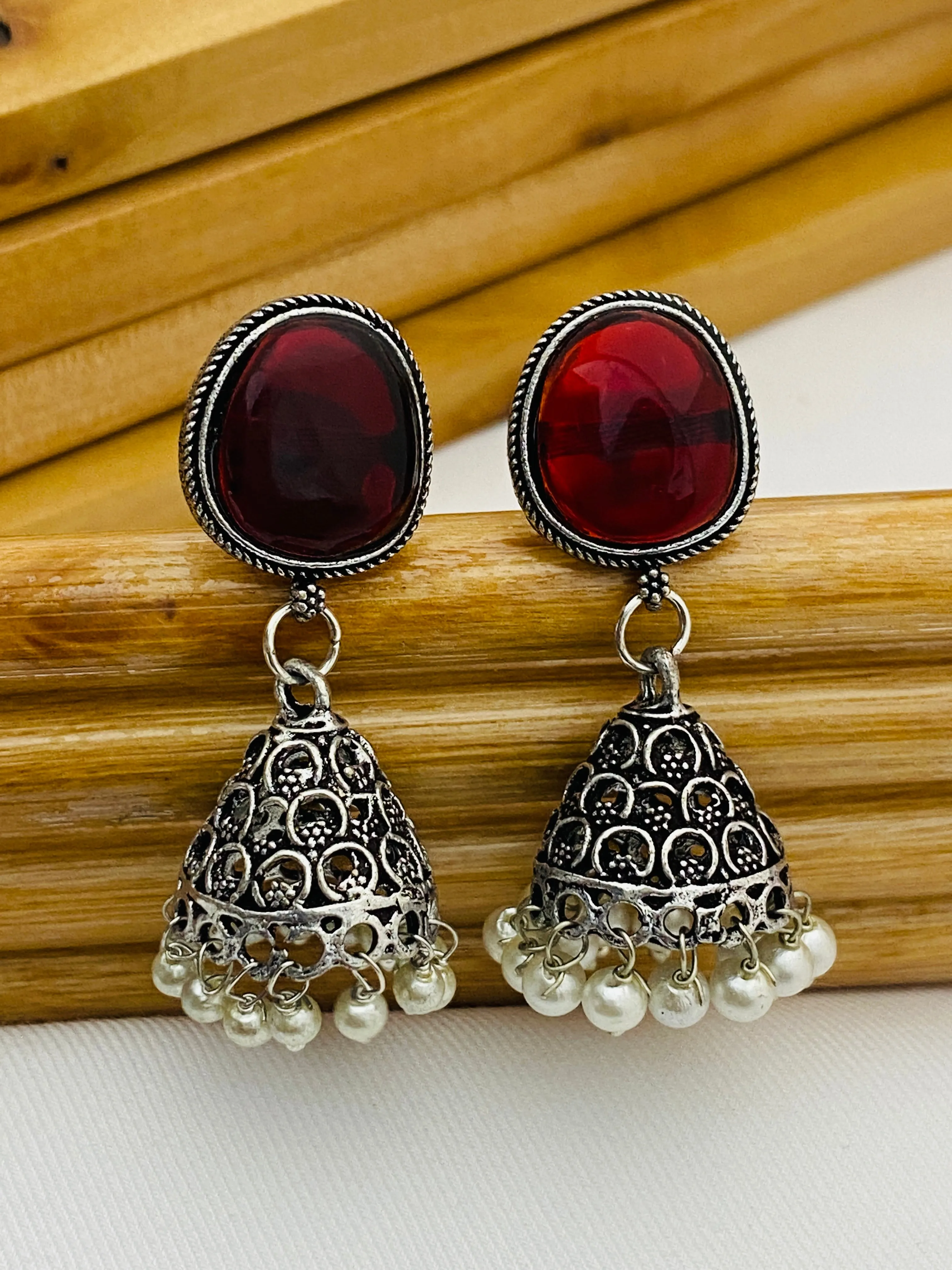 Attractive Maroon Color Silver Oxidized Small Jhumkhas With Pearl Hangings