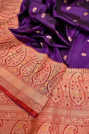 Aubergine and Red Color Katan Banarasi Silk Saree