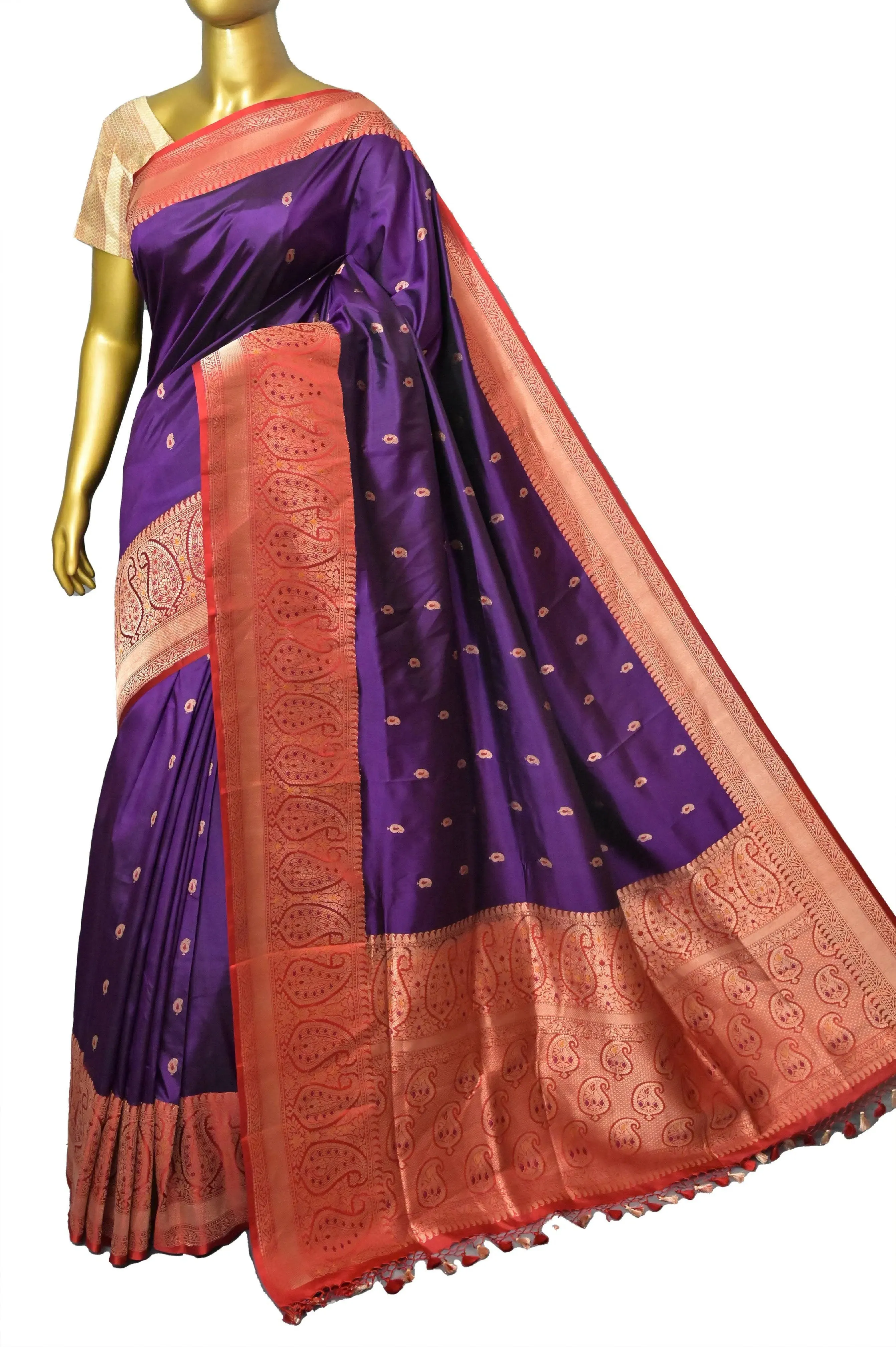 Aubergine and Red Color Katan Banarasi Silk Saree