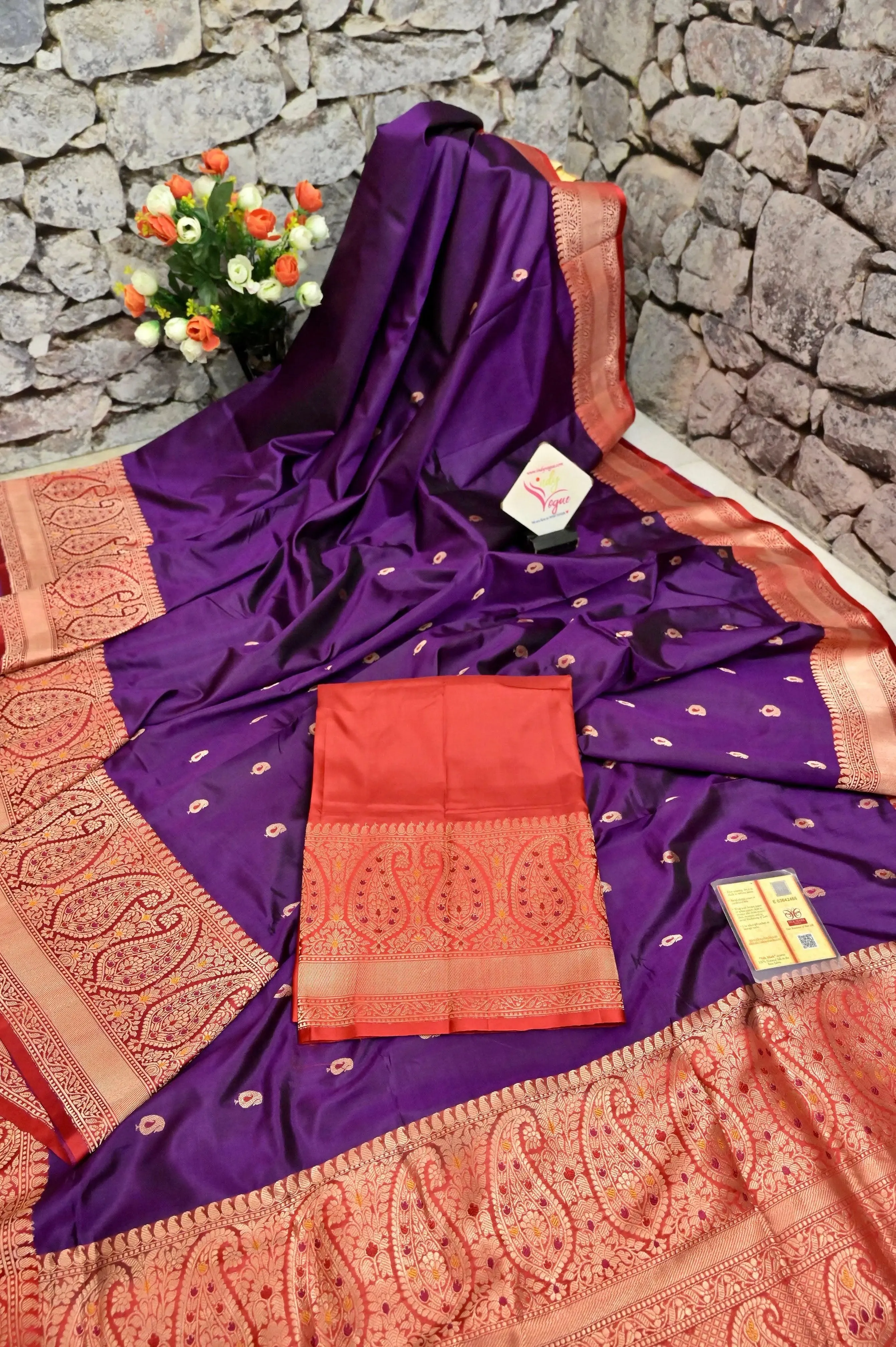 Aubergine and Red Color Katan Banarasi Silk Saree