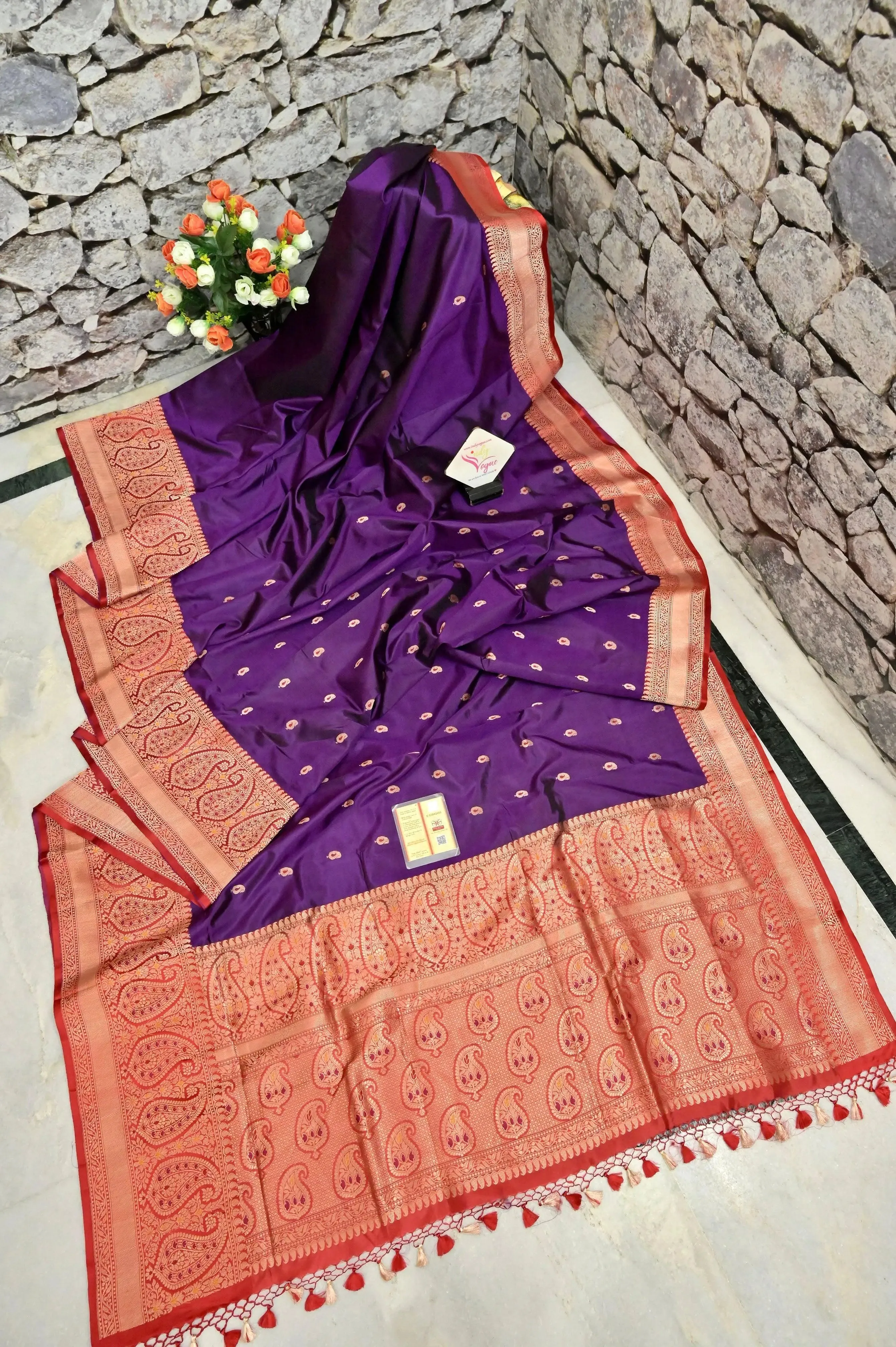 Aubergine and Red Color Katan Banarasi Silk Saree