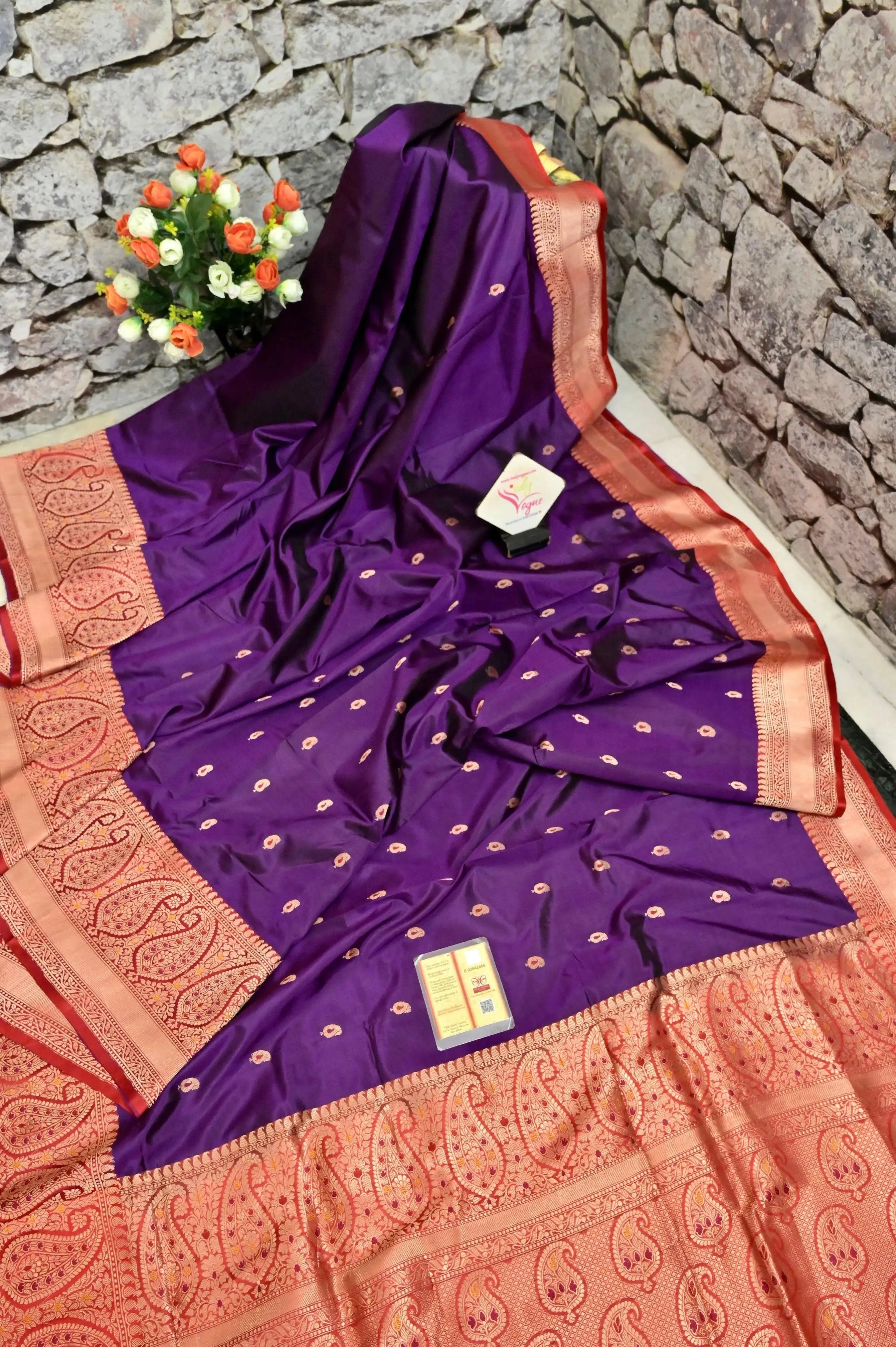 Aubergine and Red Color Katan Banarasi Silk Saree