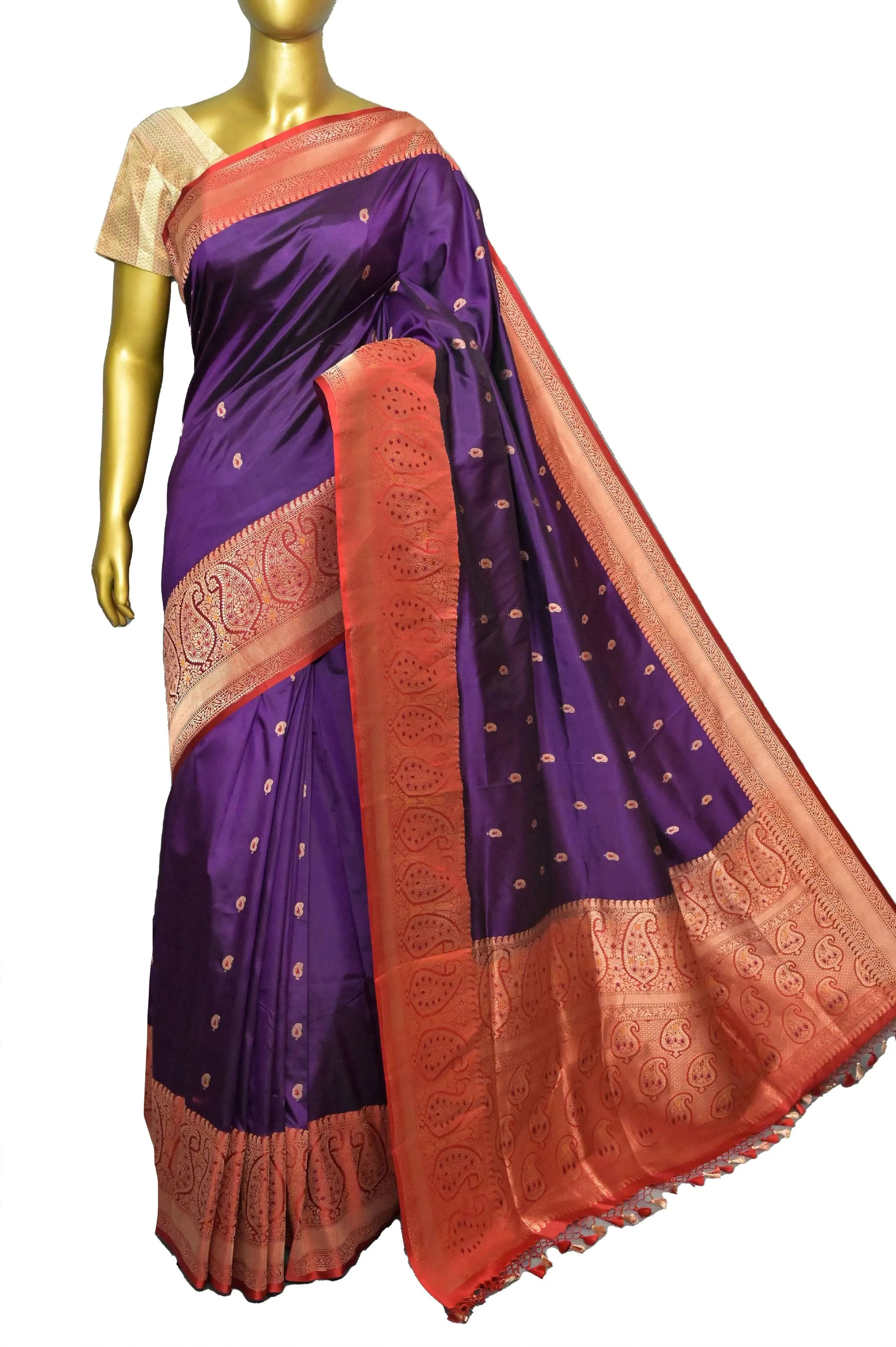 Aubergine and Red Color Katan Banarasi Silk Saree