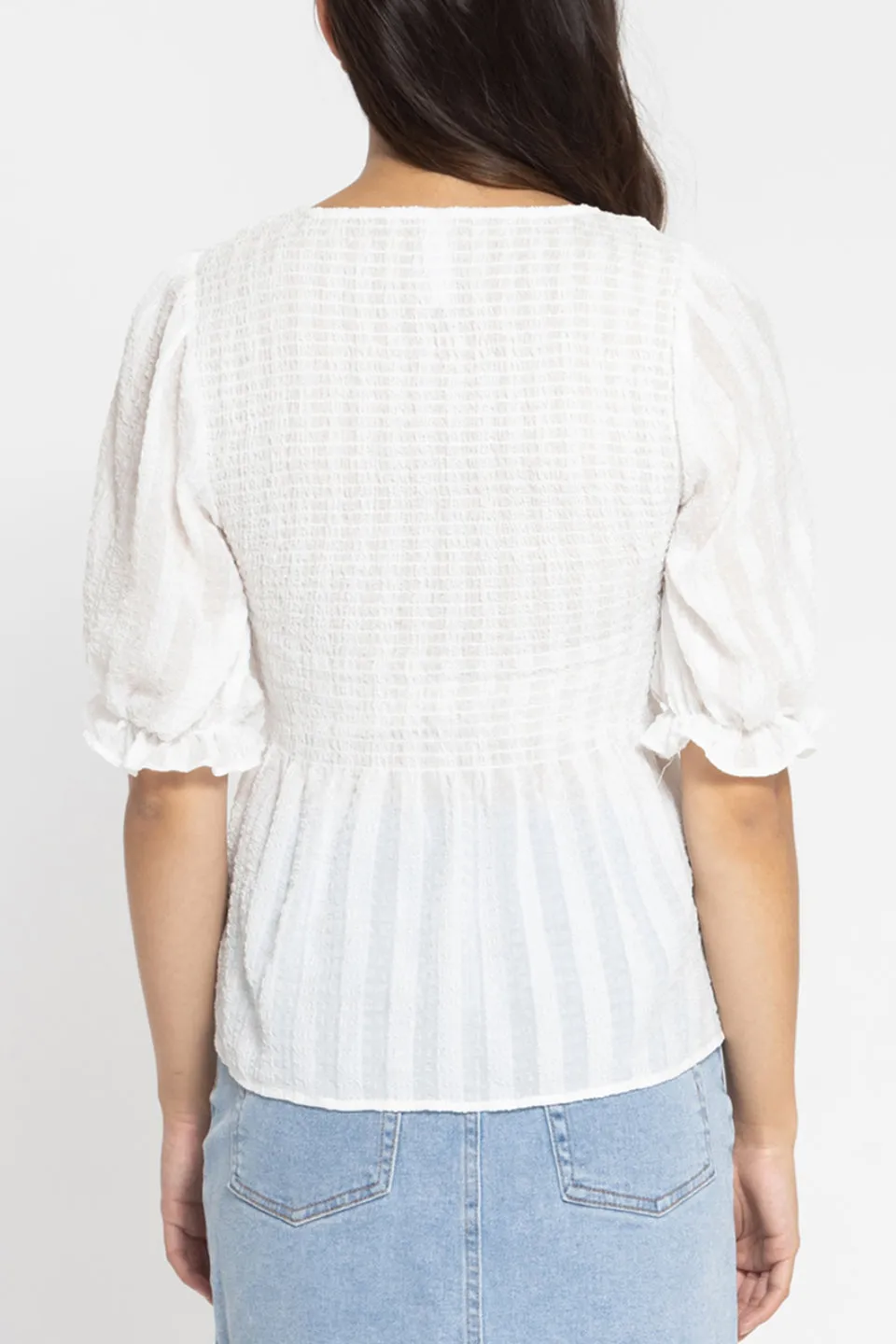 Awaken White SS Shirred Bodice Top