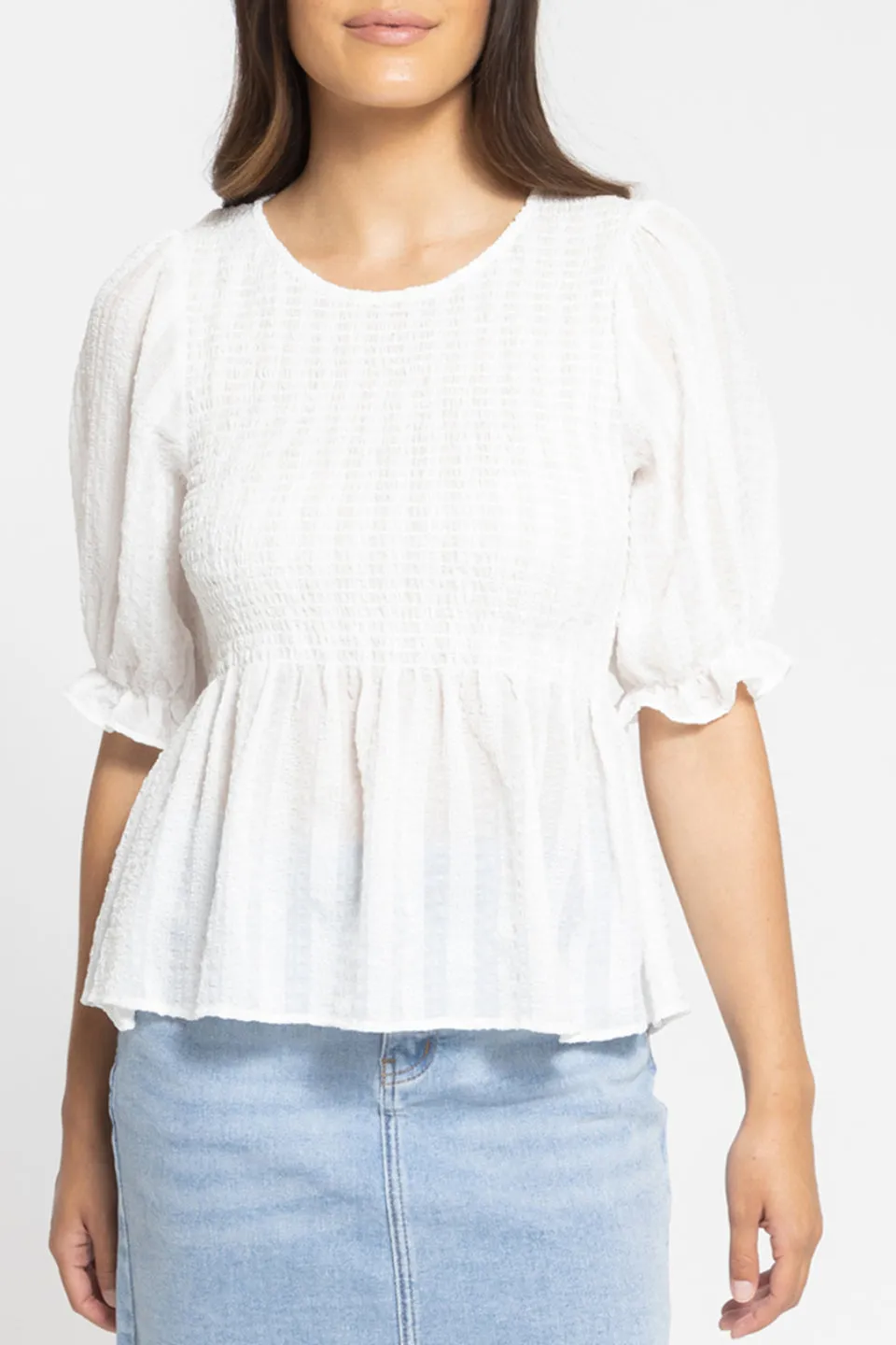 Awaken White SS Shirred Bodice Top