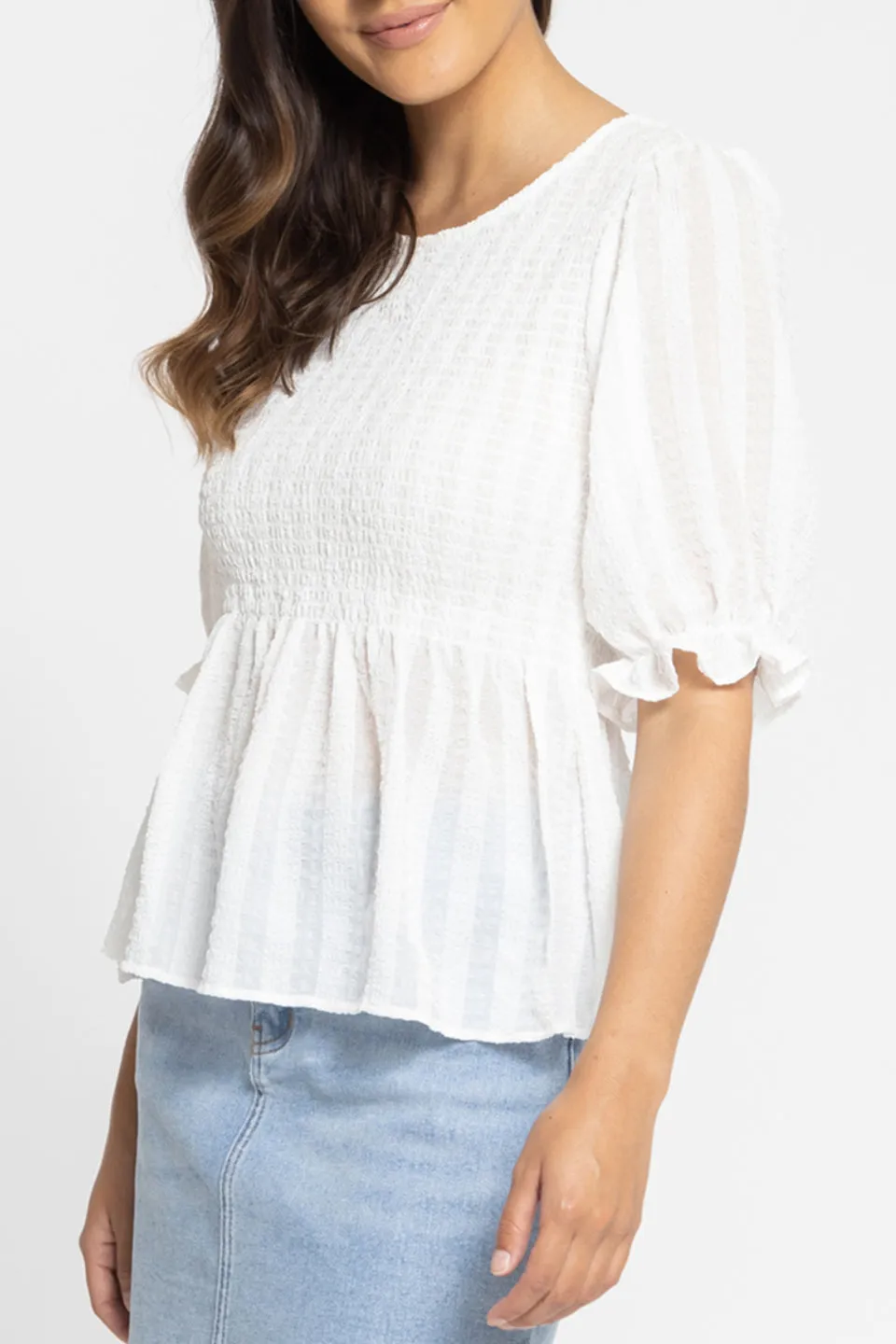 Awaken White SS Shirred Bodice Top