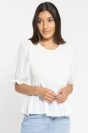 Awaken White SS Shirred Bodice Top