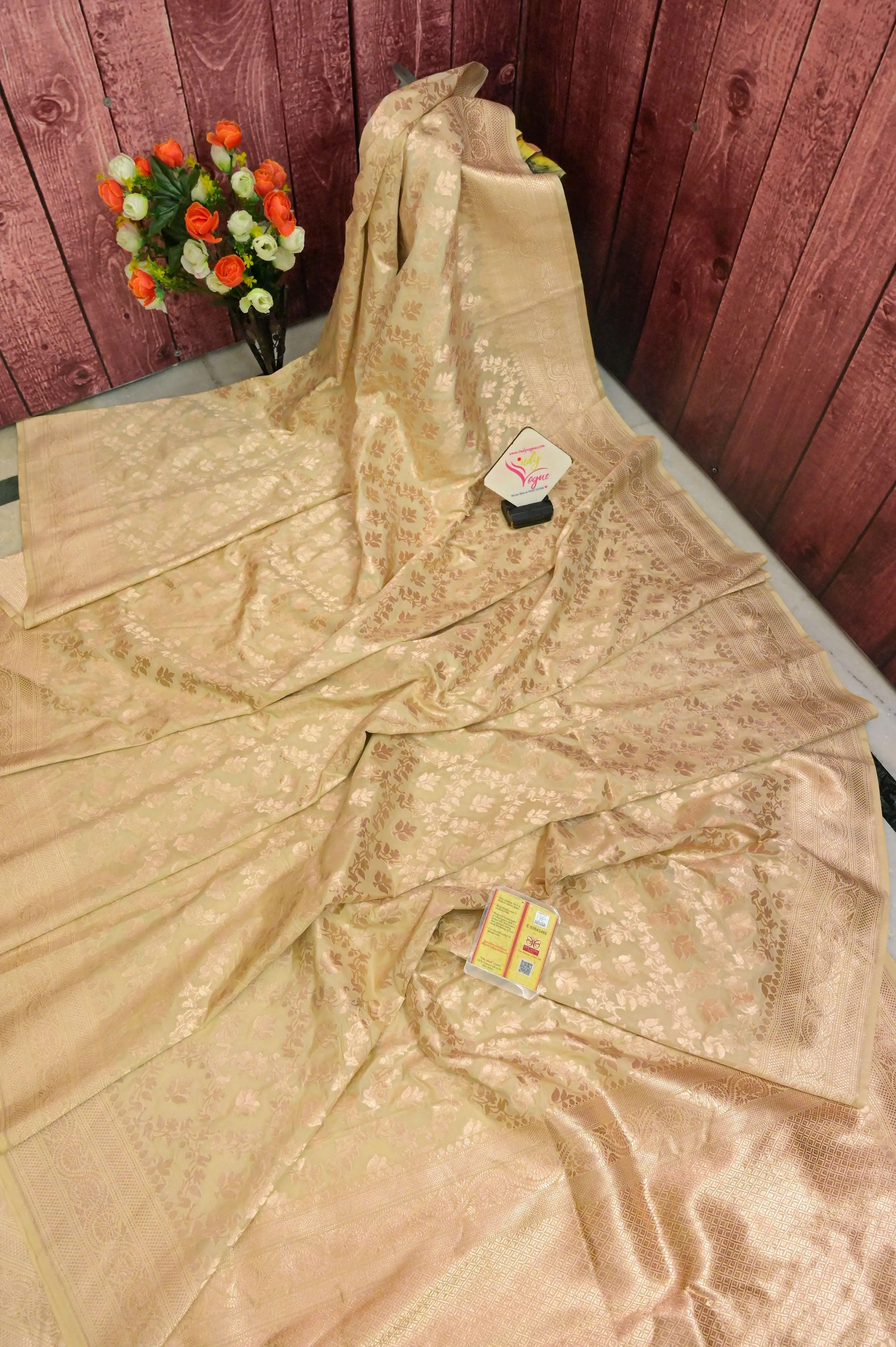 Beige Color Pure Katan Bangalore Silk with Allover Jaal Work