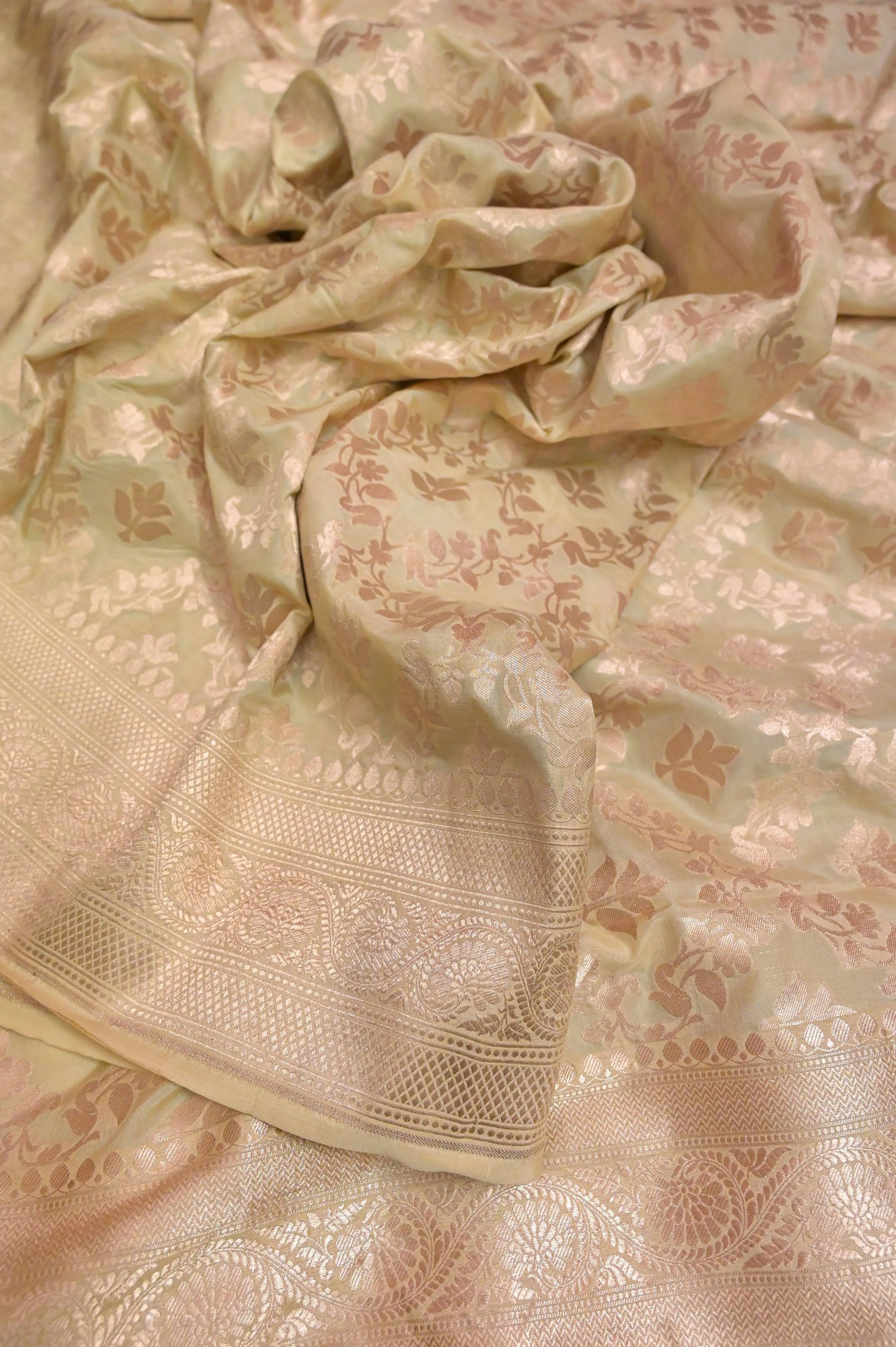 Beige Color Pure Katan Bangalore Silk with Allover Jaal Work