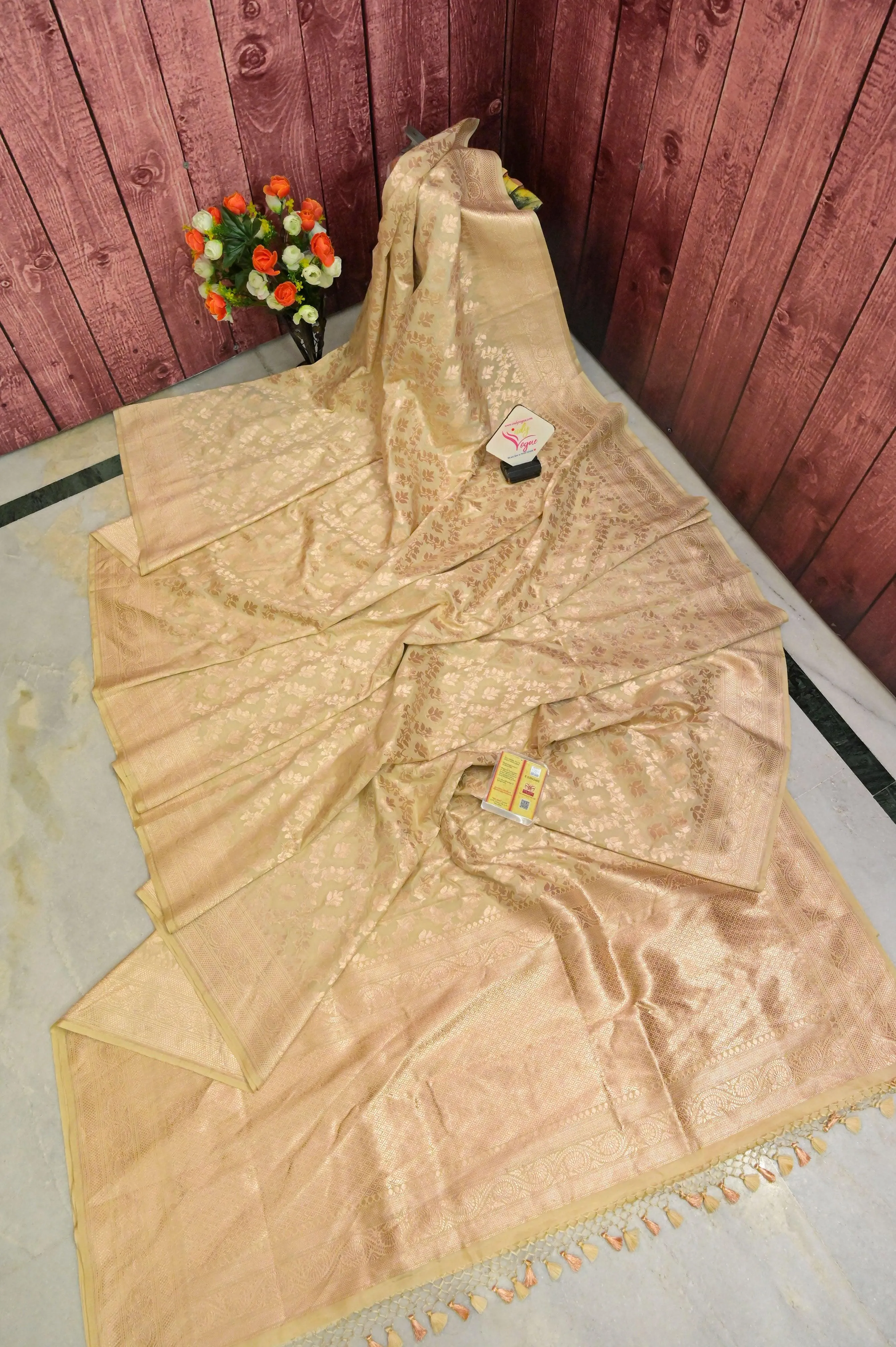 Beige Color Pure Katan Bangalore Silk with Allover Jaal Work