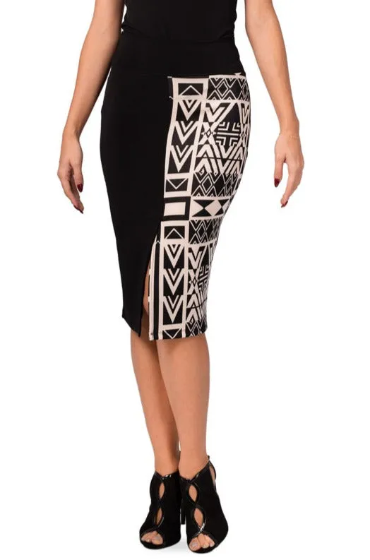 Black Pencil Skirt With Black And Beige Inca Pattern