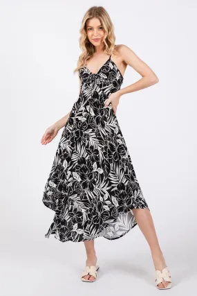 Black Tropical Floral Front Tie Midi Dress