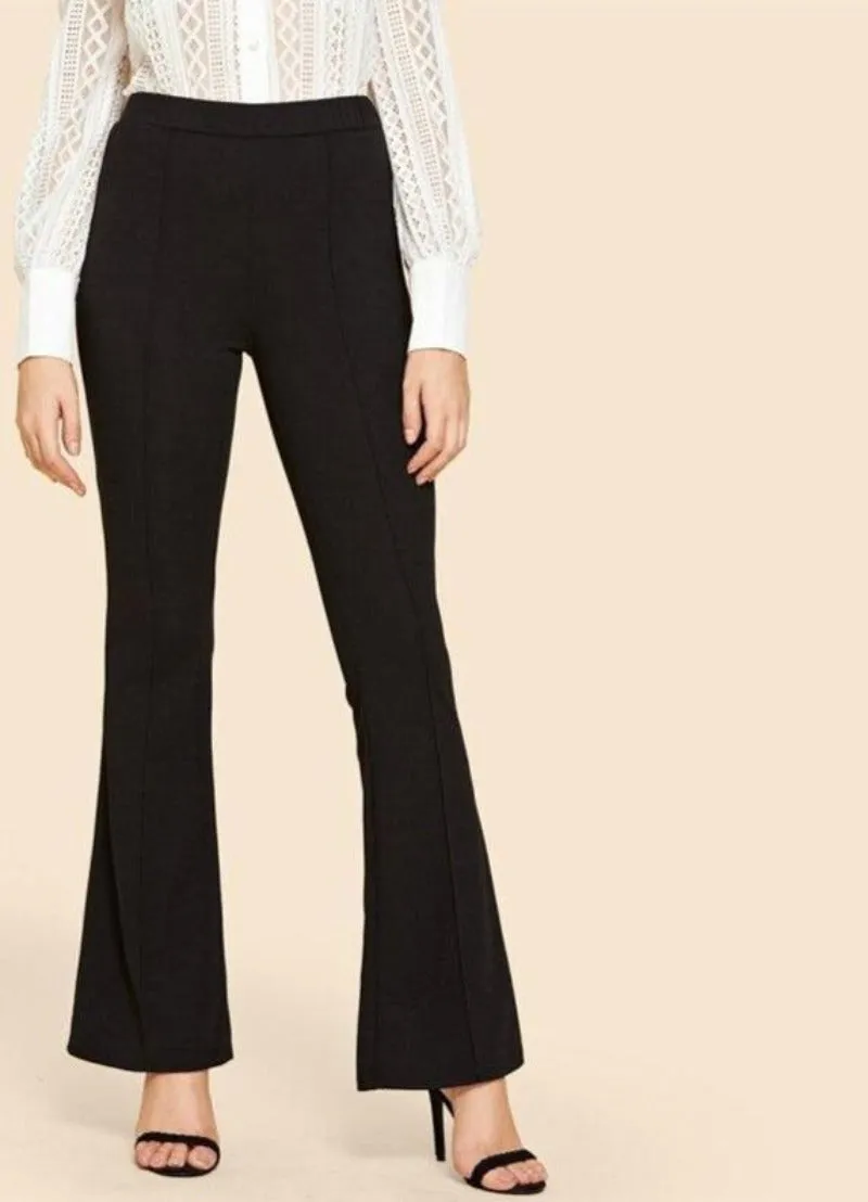 Black Vintage Contrast Binding Flare Leg Elastic Waist Elegant Pants