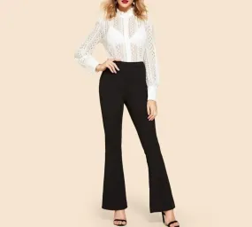 Black Vintage Contrast Binding Flare Leg Elastic Waist Elegant Pants