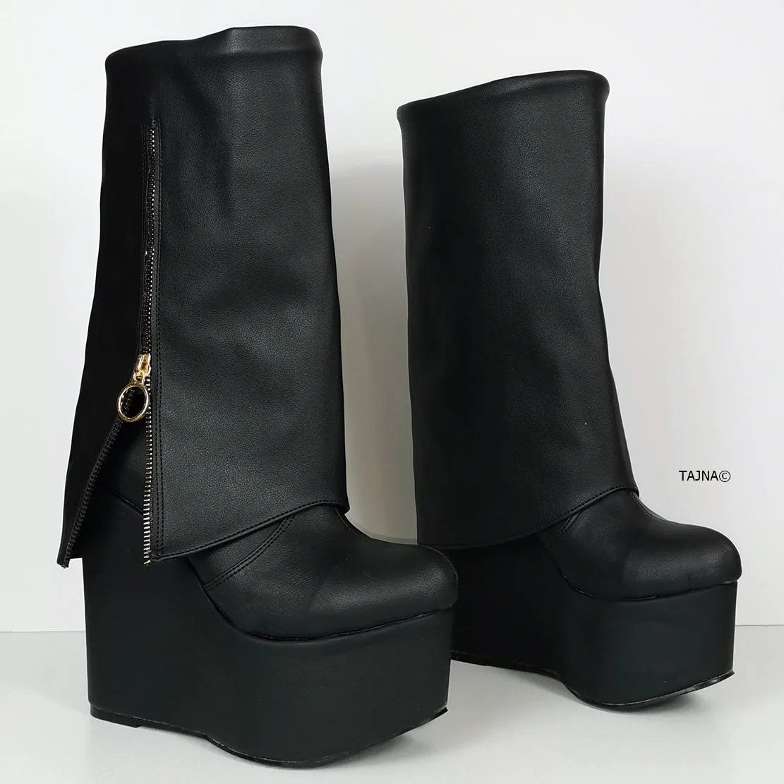 Black Wrap Zipper Wedge Boots