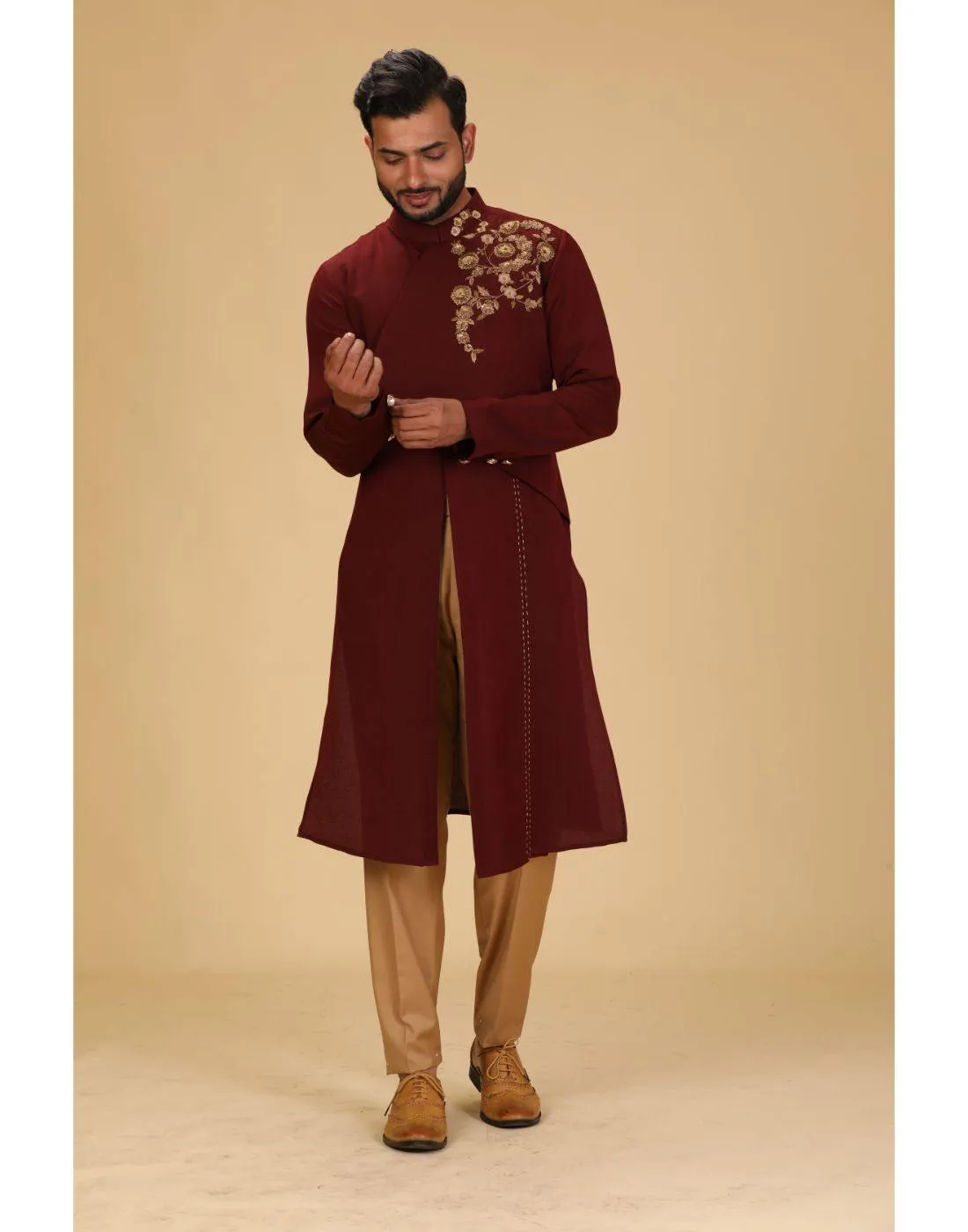 BluesnGreys Maroon with gold embroidery Designer Kurta Pant Set for Rent