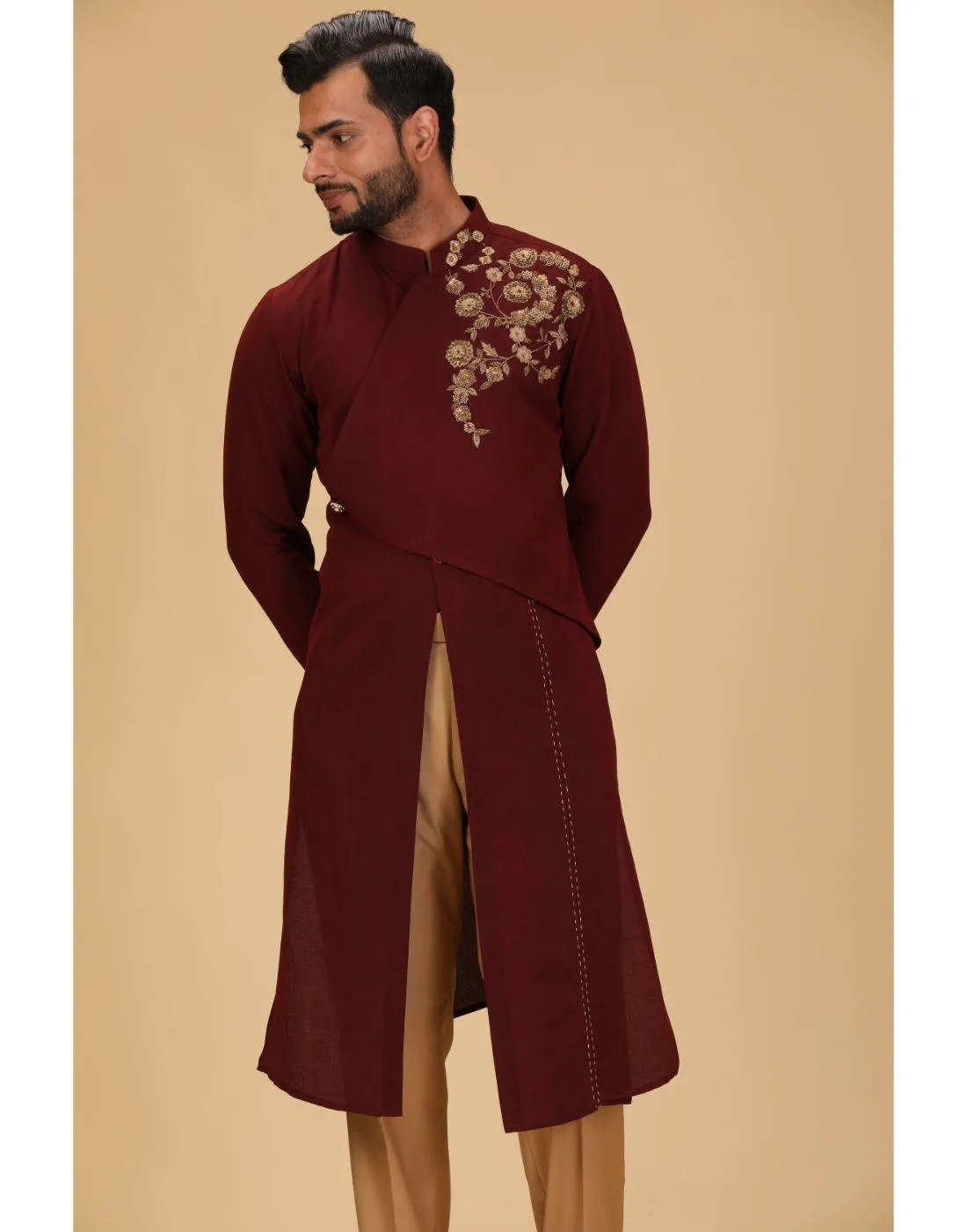 BluesnGreys Maroon with gold embroidery Designer Kurta Pant Set for Rent