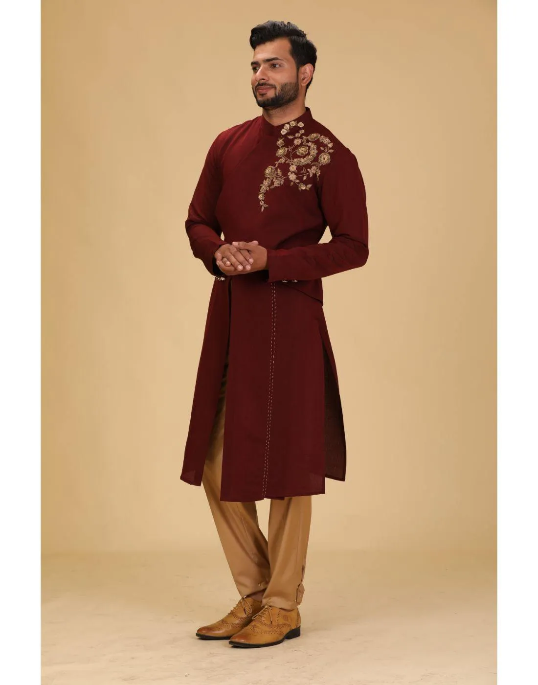 BluesnGreys Maroon with gold embroidery Designer Kurta Pant Set for Rent