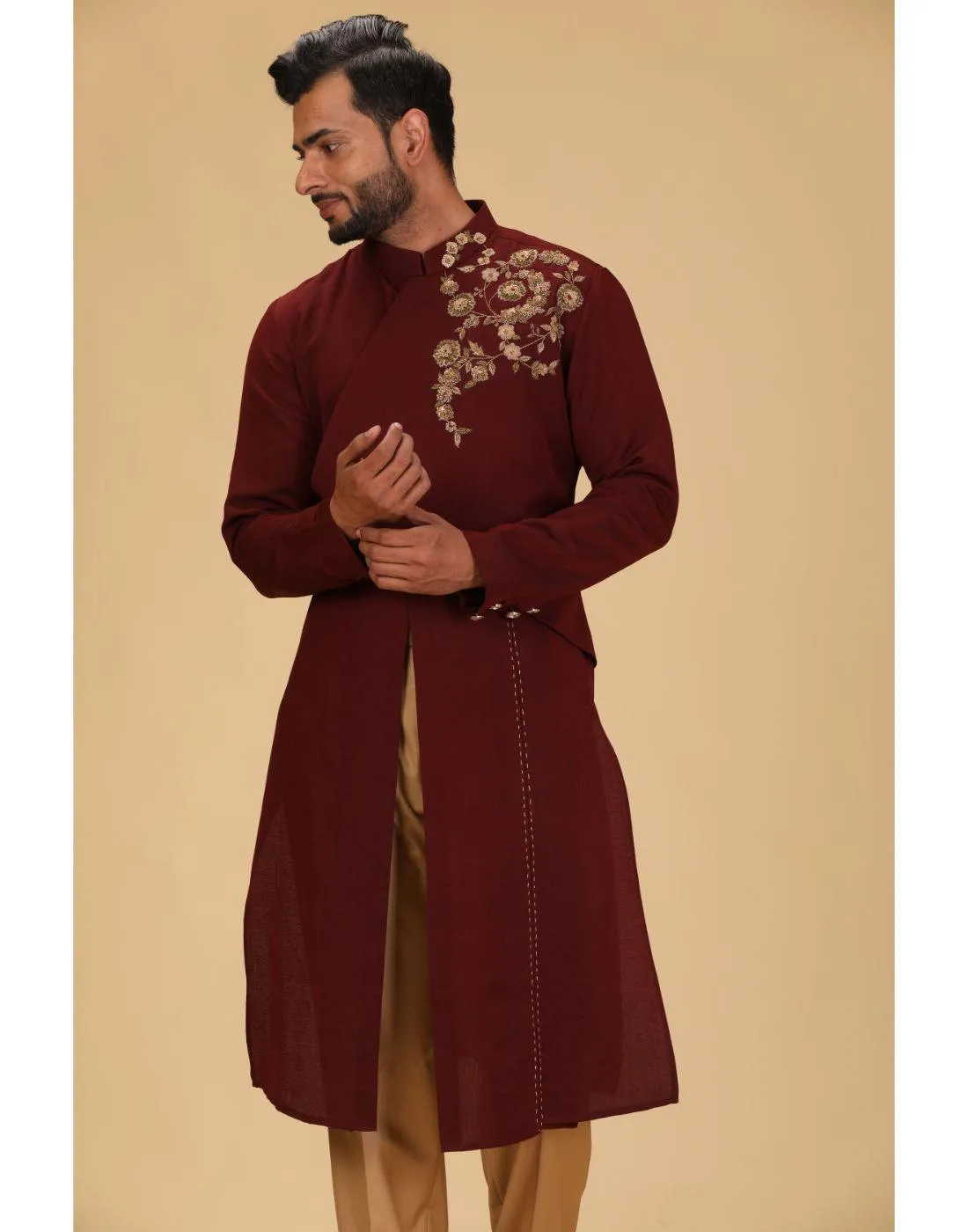 BluesnGreys Maroon with gold embroidery Designer Kurta Pant Set for Rent