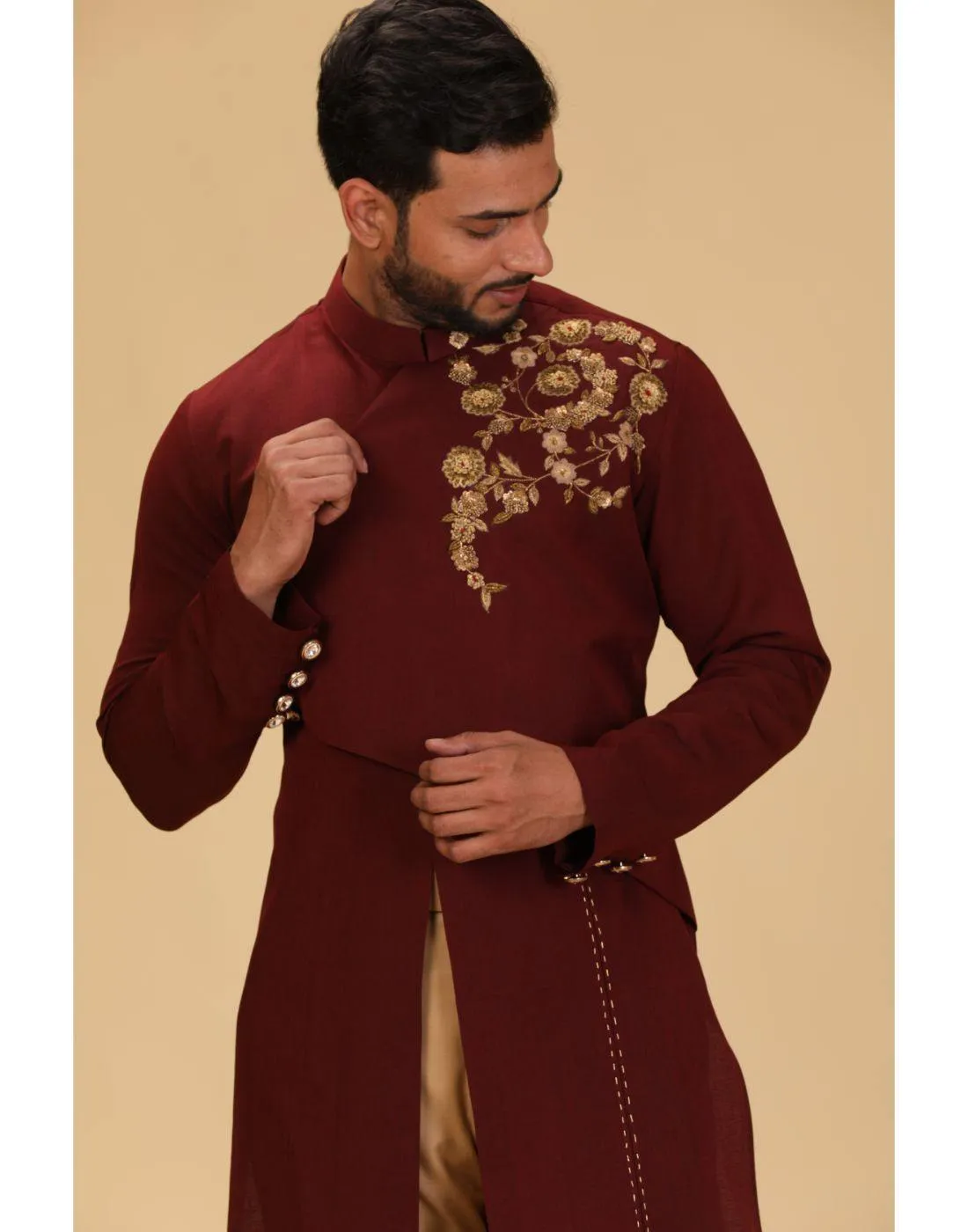 BluesnGreys Maroon with gold embroidery Designer Kurta Pant Set for Rent