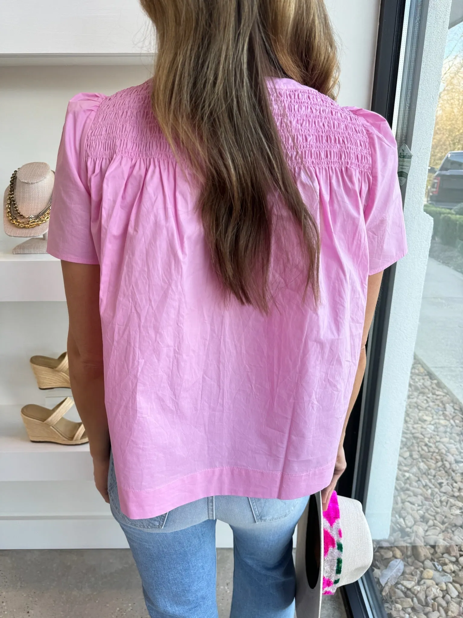 Bubblegum Pink Enata Smocked Poplin Top