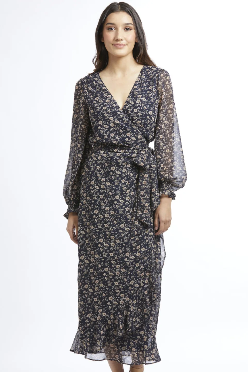 Carried Away Navy LS Midi Wrap Dress