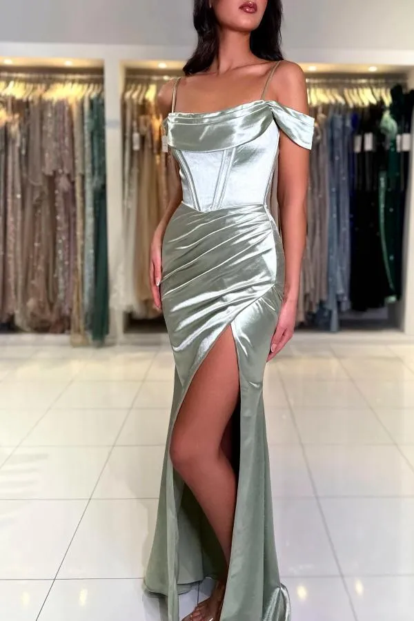 Charming Floor-Length Off-The-Shoulder Satin Mermaid Prom Dresses with Split