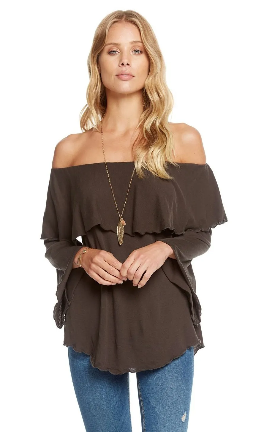 Chaser Gauzy Cotton Jersey Off Shoulder Shirttail Ruffle Boho Top