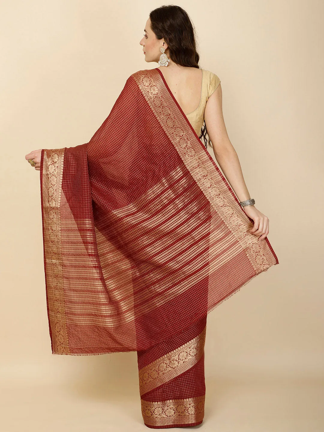 Check Pattern Plain Woven Georgette Saree